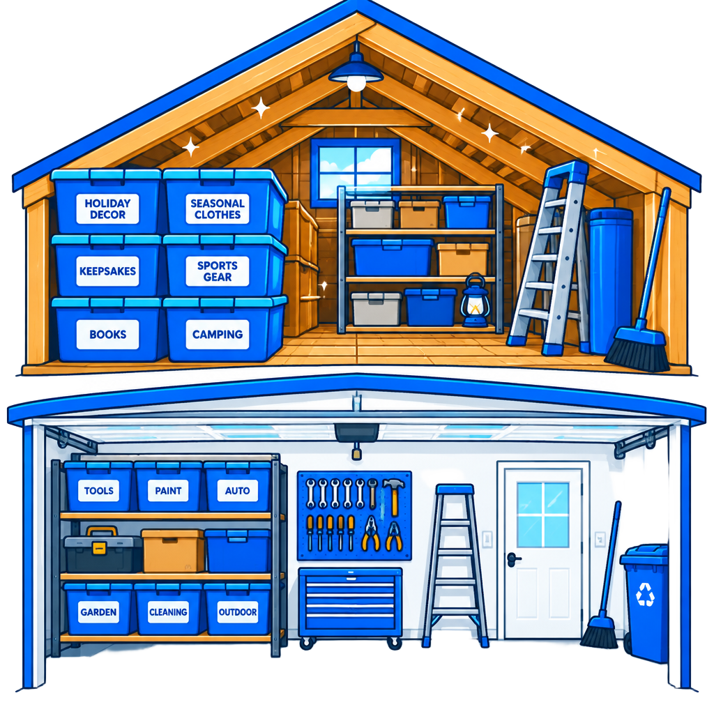 A neatly organized attic and garage with labeled blue storage bins